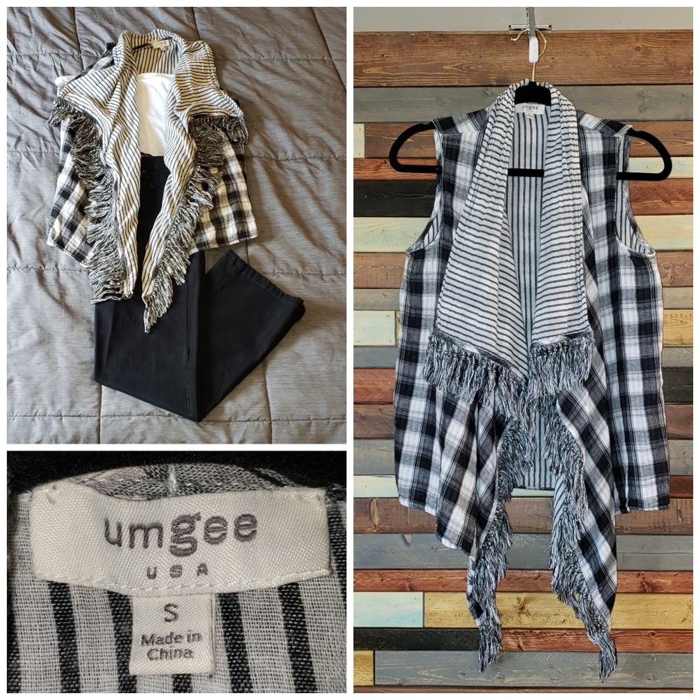 Umgee buffalo check fringe kimono. Size S.